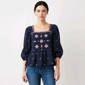 Madewell Navy Corduroy Square Neck Peplum Top Embroidered Flowers Size M